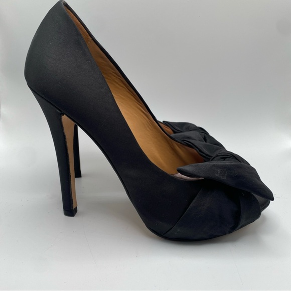 Badgley Mischka High Heel Shoes Black Satin Open Toe Slip On w/Bow Size 7 - Picture 2 of 5